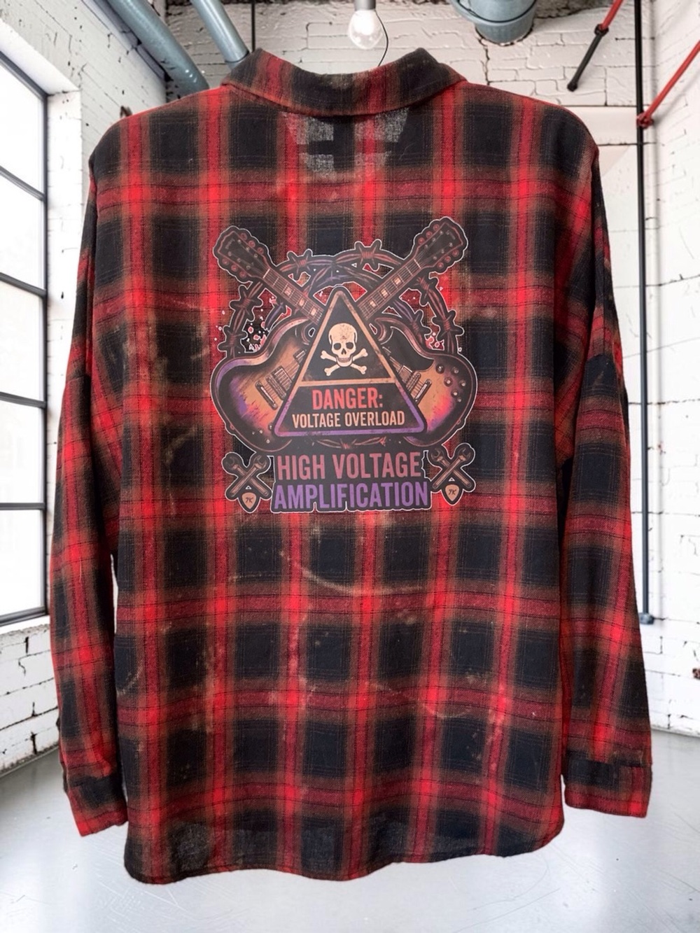 Red Black Plaid Rock Flannel XL Guitar Skull Graphic Grunge Shirt